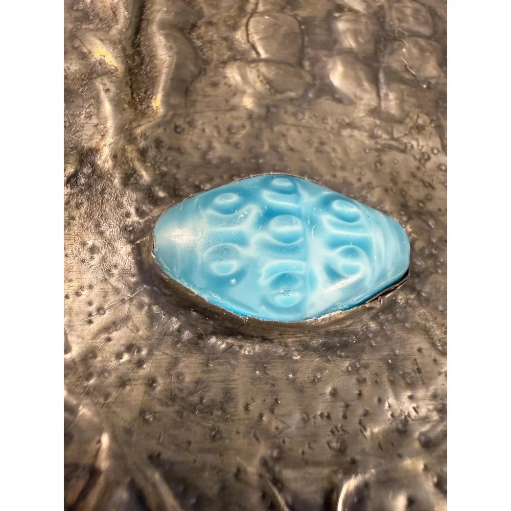 Antique‎ Art Nouveau Pewter Box • Repoussé Jewelry Casket w/ Blue Glass Cabochon